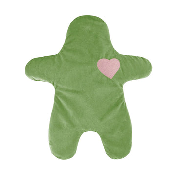 A heat bag shaped like a person in green velvet.