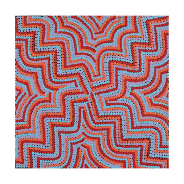 A square Indigenous painting with red and blue zig zag pattern made from dots.