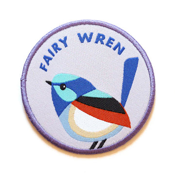 A woven fabric patch with an illustration of a fairy wren and the text 'Fairy Wren' on the top.