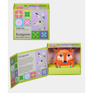 A kangaroo shaped plush toy with embroidered and printed features.