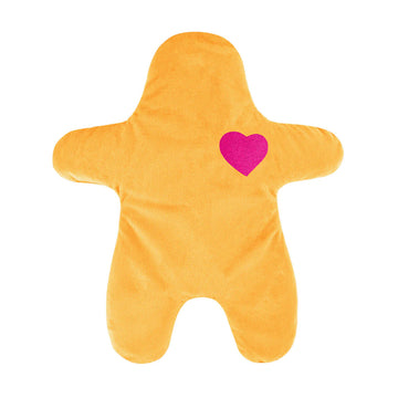 A heat bag shaped like a person in gold velvet.