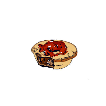 A magnet shaped like a meat pie with sauce and a bite taken out.