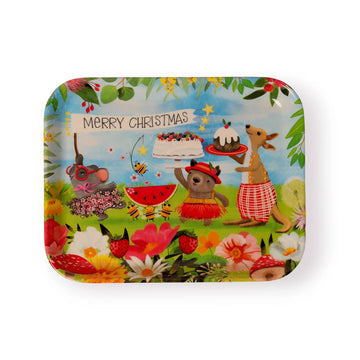 A rectangle melamine tray illustrated with Australian animals celebrating Christmas with food and flowers.
