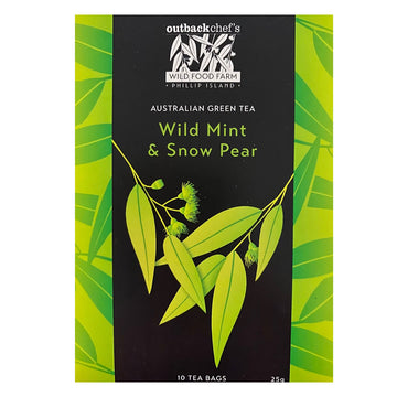 A box titled 'Australian Green Tea Wild Mint and Snow Pear' with an illustration of leaves.