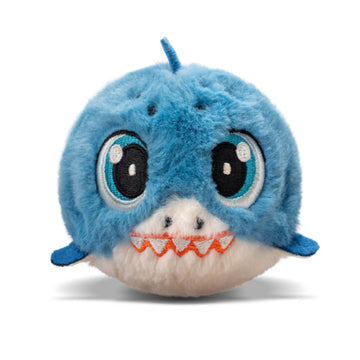 Blue plush shark toy with large eyes on a white background.