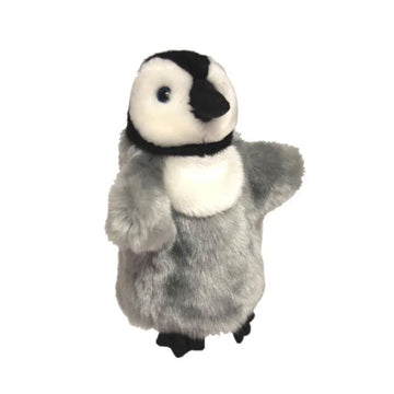 A plush penguin hand puppet.