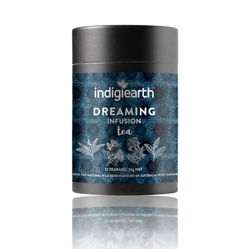 Indigiearth Dreaming Infusion tea packaging on a white background.