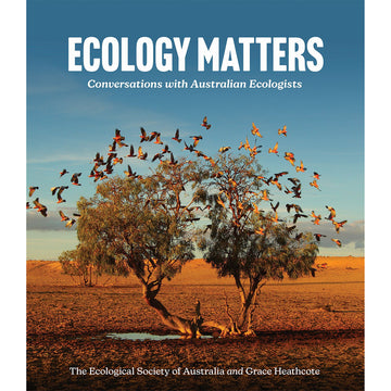 'Ecology Matters' book cover featuring a photo of two trees in the outback surrounded by lots of birds.