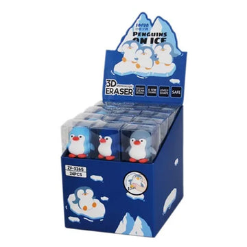 A display of penguin shaped erasers.