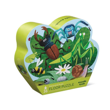 Shaped box of a children's floor puzzle with insect illustrations on a white background.