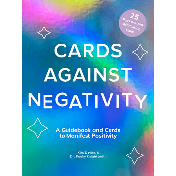 'Cards Against Negativity' box cover featuring a holographic print background with the titles and four point stars in white.