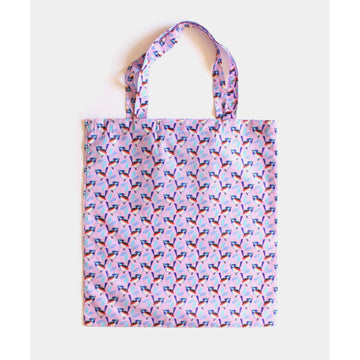 A reusable shopping bag in light purple illustrated with a repeat pattern of fairy wrens.