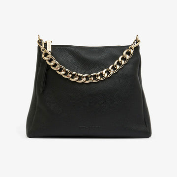 A black leather bag with a short chunky gold chain strap.