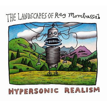 Book cover with a robot in a landscape, featuring the text 'The Landscapes of Reg Mombassa Hypersonic Realism'.