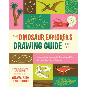 'The Dinosaur Explorer's Drawing Guide for Kids' book cover featuring illustrations of different dinosaurs in a grid design.