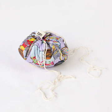 Drawstring bag with colorful pattern on a white background.