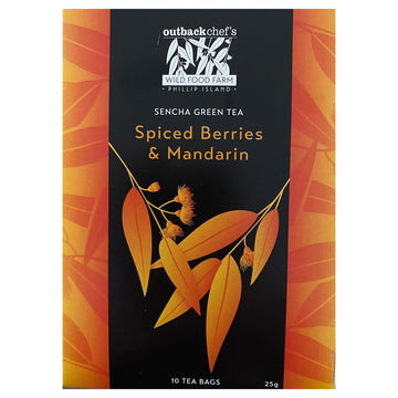 A box titled 'Sencha Green Tea Spiced Berries and Mandarin' with illustrations of orange leaves.