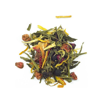 A box titled 'Sencha Green Tea Spiced Berries and Mandarin' with illustrations of orange leaves.