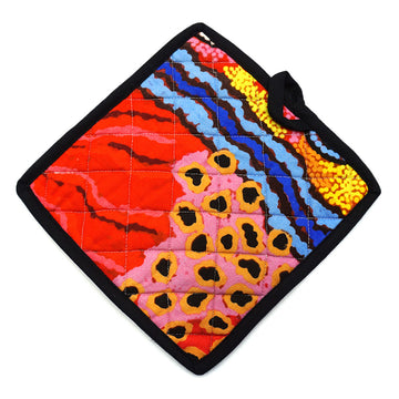 A cotton pot holder printed with artwork by Damien and Yilpi Marks with a black binding around the edge.