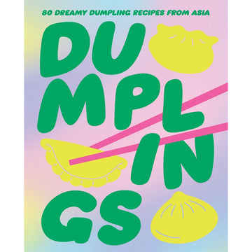 'Dumplings' book cover featuring the title written in large green letters with an illustration of chopsticks holding a dumpling.