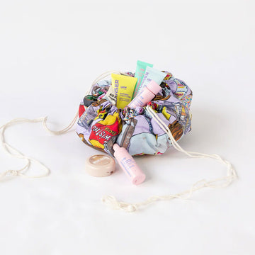 Drawstring bag with colorful pattern on a white background.