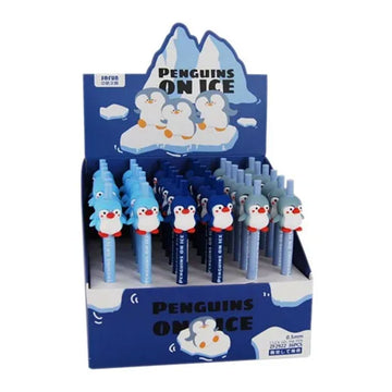 A display set of pens with penguin shaped toppers.