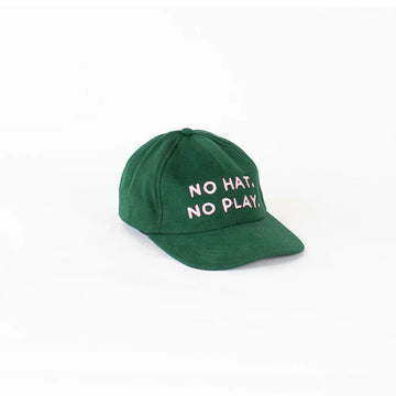 Green cap with 'No Hat, No Play' text on a white background.