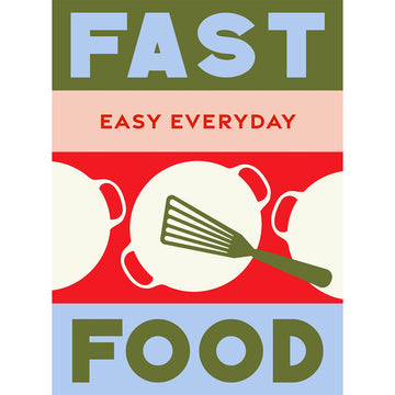 'Fast Food' book cover featuring an illustration of a spatula and pot against a coloured background.