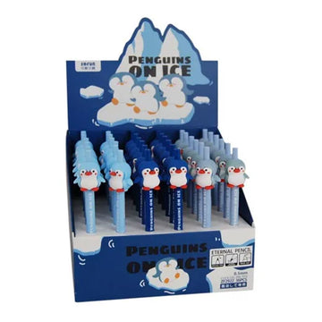 A display set of pencils with penguin shaped toppers.
