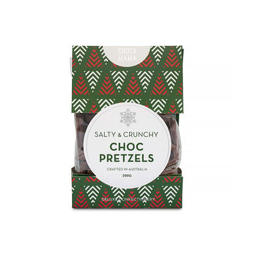 A box with a Christmas theme and the heading 'Salty and Crunchy Choc Pretzels' filled with a clear bag of pretzels.