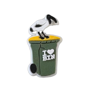 Pin with a design of a bird leaning over a trash bin labeled 'I ❤️ BIN'.