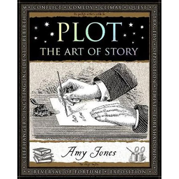 'Plot The Art of Story' book cover featuring a close up illustration of two hands writing on paper on a desk.