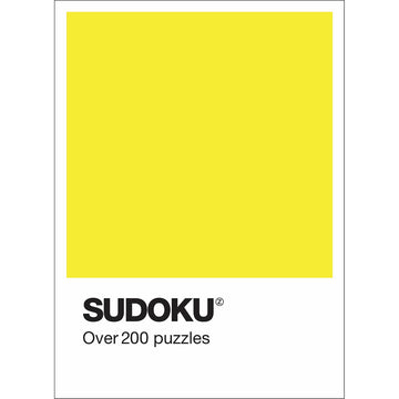 'Sudoku' book cover featuring a large yellow square and the book titled and 'Over 200 puzzles' written under the square.