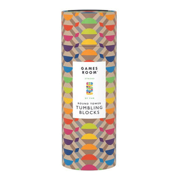 A round light brown cylinder container printed with coloured semi circle blocks. There is a white product information label in the middle with the heading 'Games Room Tumbling Blocks'.