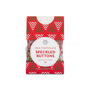 A box with a Christmas theme and the heading 'Milk Chocolate Speckled Buttons' with speckled chocolate visible inside.
