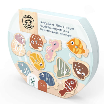 A rounded box shaped like a fish bowl with an image of wooden fish shapes on the front.