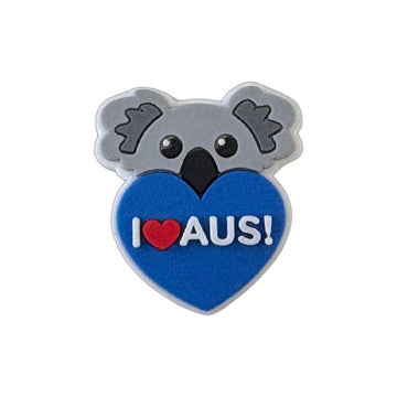 Koala-shaped magnet with 'I ❤️ AUS!' text on a blue heart background.