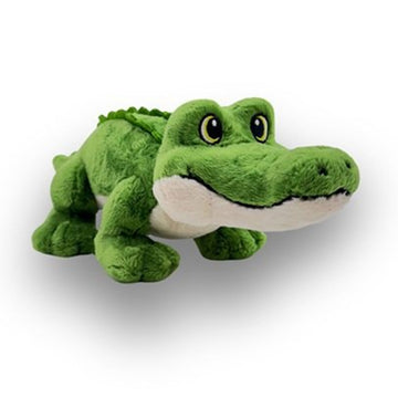 Green plush crocodile toy on a white background.
