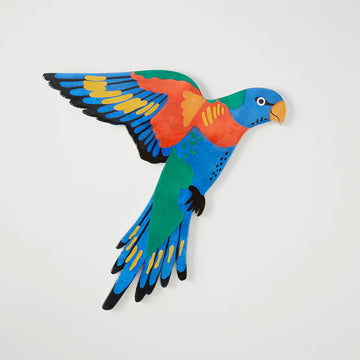 Wall art shaped like a lorikeet with its wings open.