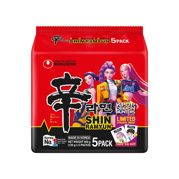 Packaging of a 5 pack of noodles with a red background, product information and an image of cartoon characters.