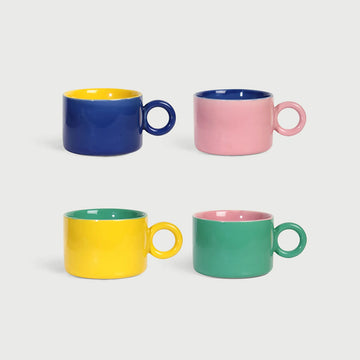 Four colorful mugs (blue, pink, yellow, green) on a light gray background.