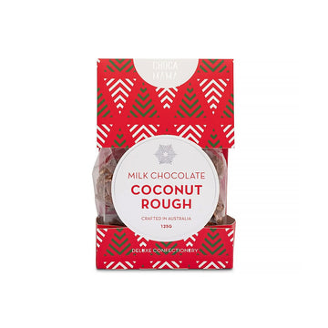 A box with a Christmas theme and the heading 'Milk Chocolate Coconut Rough' with chocolate visible inside.