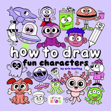 "How to Draw Fun Characters" Images of puppies, aliens and cool characters on a light purple background.