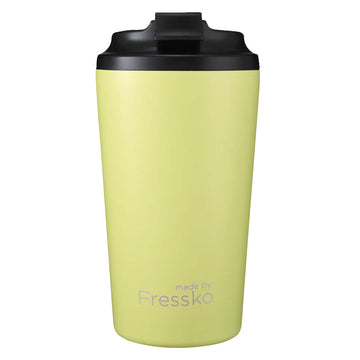 A reusable coffee cup in sherbet yellow with a black lid and the text 'Made by Fressko' along the bottom.