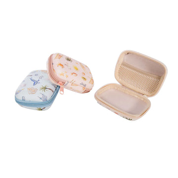 Three small, colourful cases with beach-themed designs on a white background.