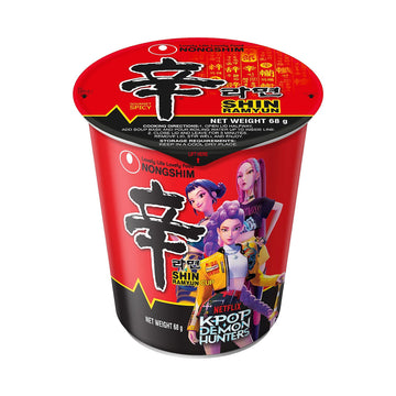 A cup of noodles packaging in red with product information and images of cartoon characters.
