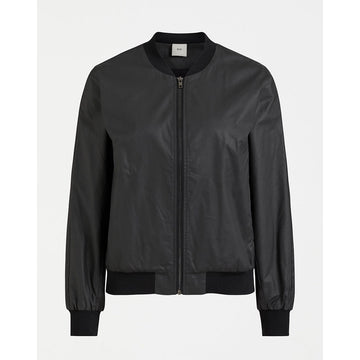 A black bomber style jacket with a zip up front.