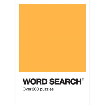 'Word Search' book cover featuring an orange square and the title and 'Over 200 puzzles' written underneath.
