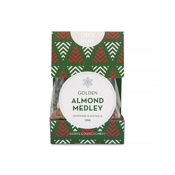A box with a Christmas theme and the heading 'Golden Almond Medley'.