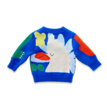 Colorful sweater with koala and bird design on a white background.